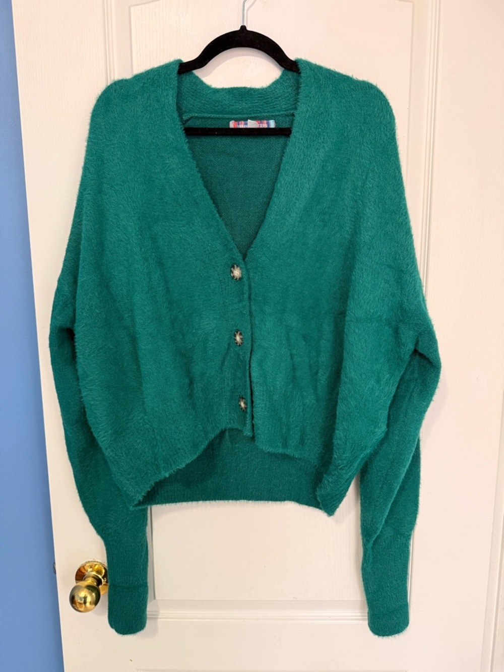 Urban Outfitters Teal Green Fuzzy V-Neck Button Cardigan